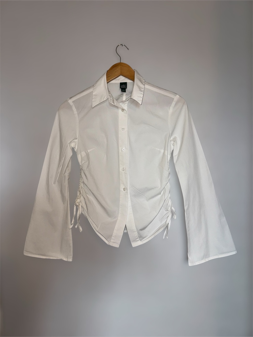 wild fable White Ruched-Side Button Down Shirt Bell Style Sleeve XS - Picture 5 of 15